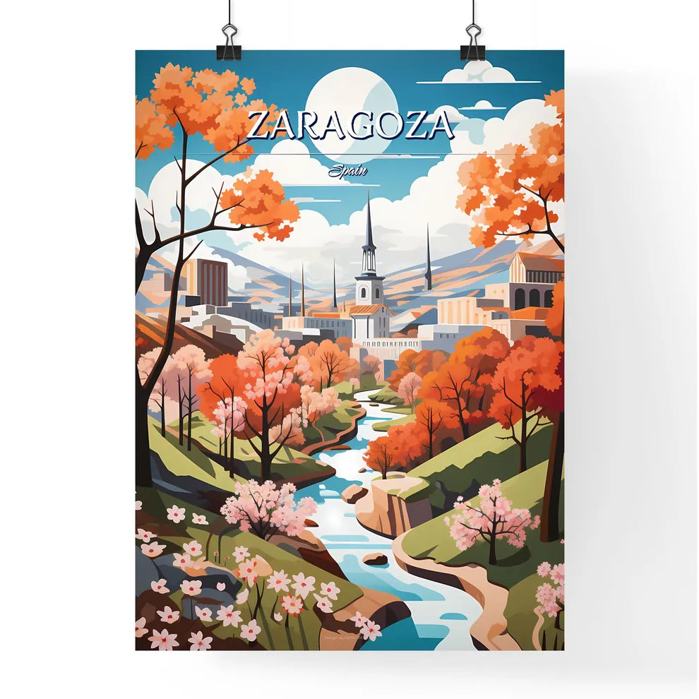 Zaragoza, Spain - Art print of a river running through a city Poster