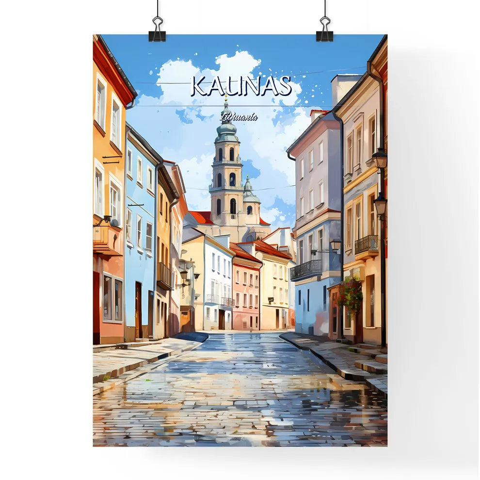 Kaunas, Lithuania - Art print of a street with buildings and a tower Poster
