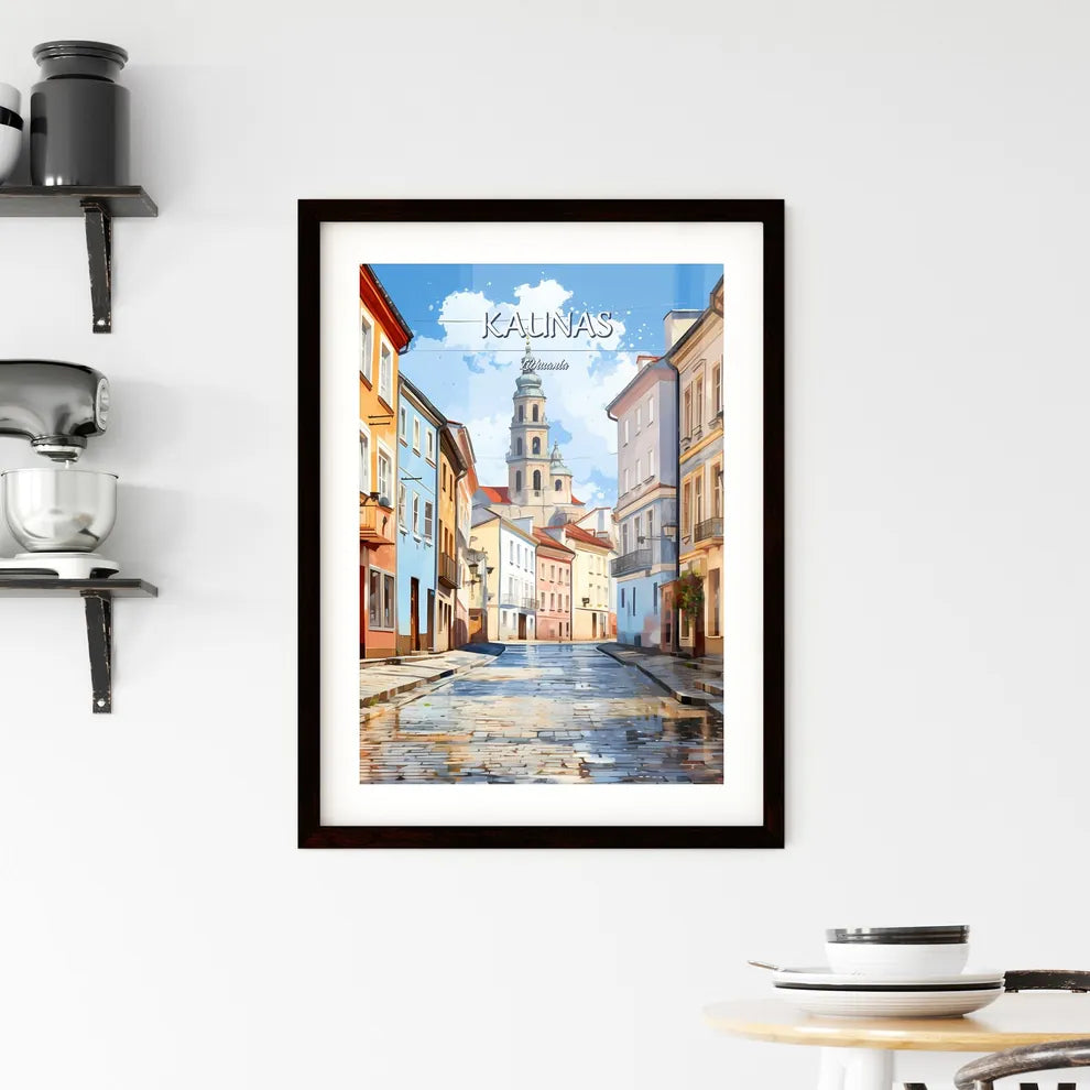 Kaunas, Lithuania - Art print of a street with buildings and a tower Custom Print