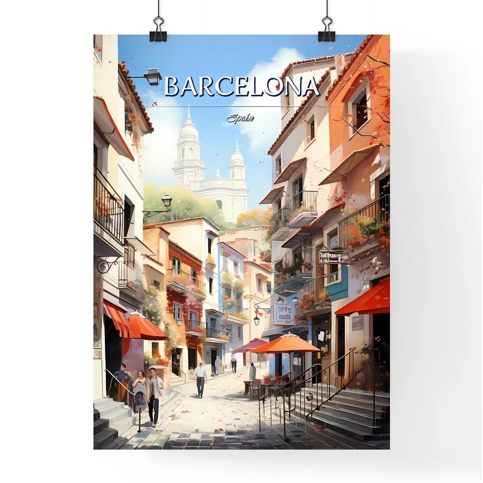 Barcelona, Spain - Art print of a street with people walking down the street Poster