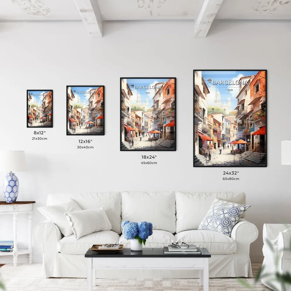 Barcelona, Spain - Art print of a street with people walking down the street Size Chart