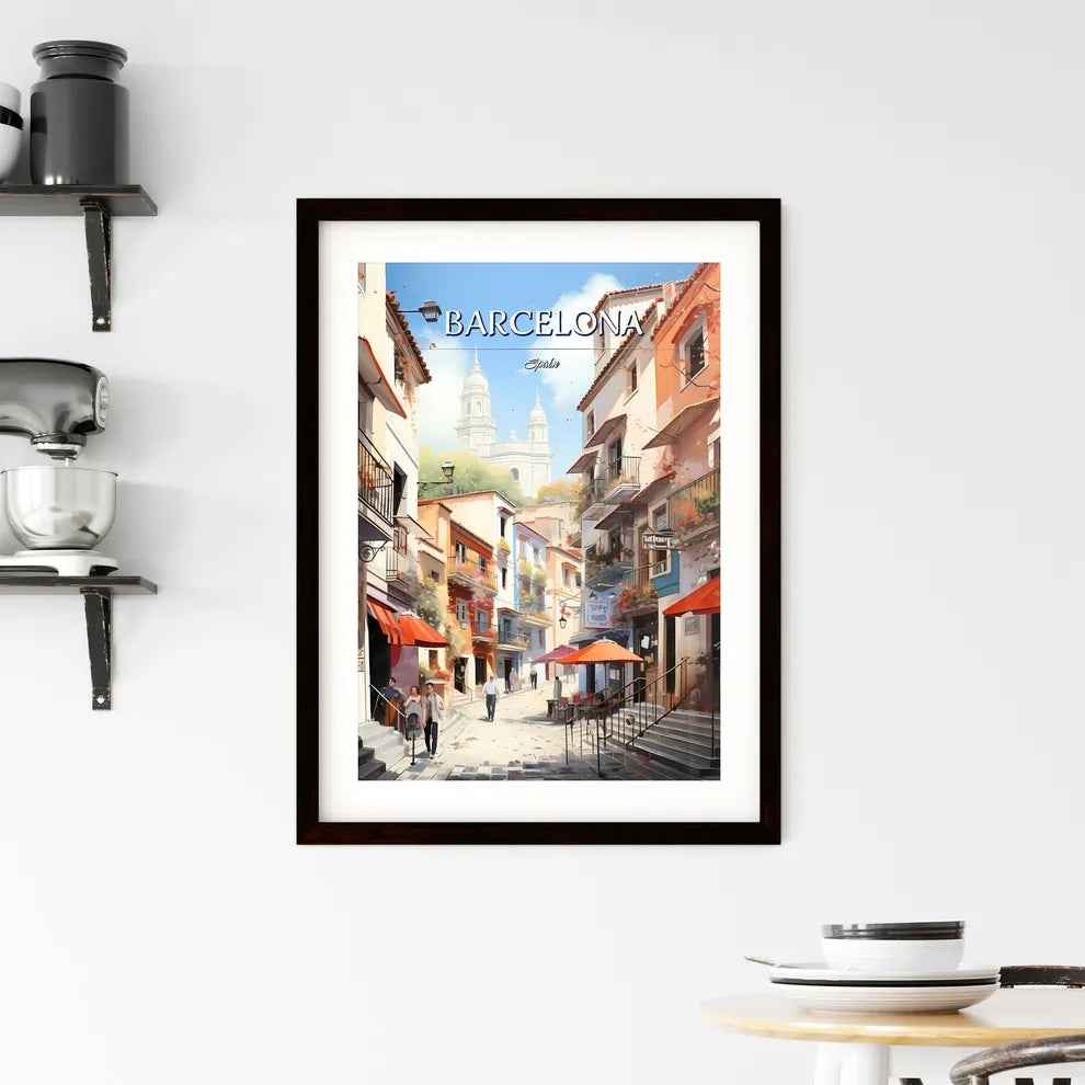 Barcelona, Spain - Art print of a street with people walking down the street Custom Print