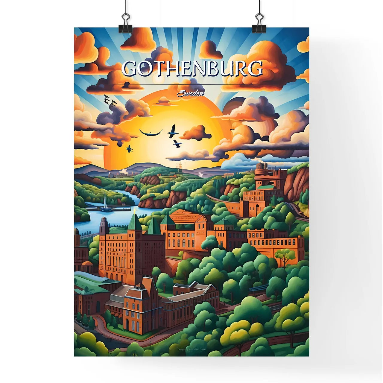 Gothenburg, Sweden, - Art print of a painting of a city with trees and a river Poster