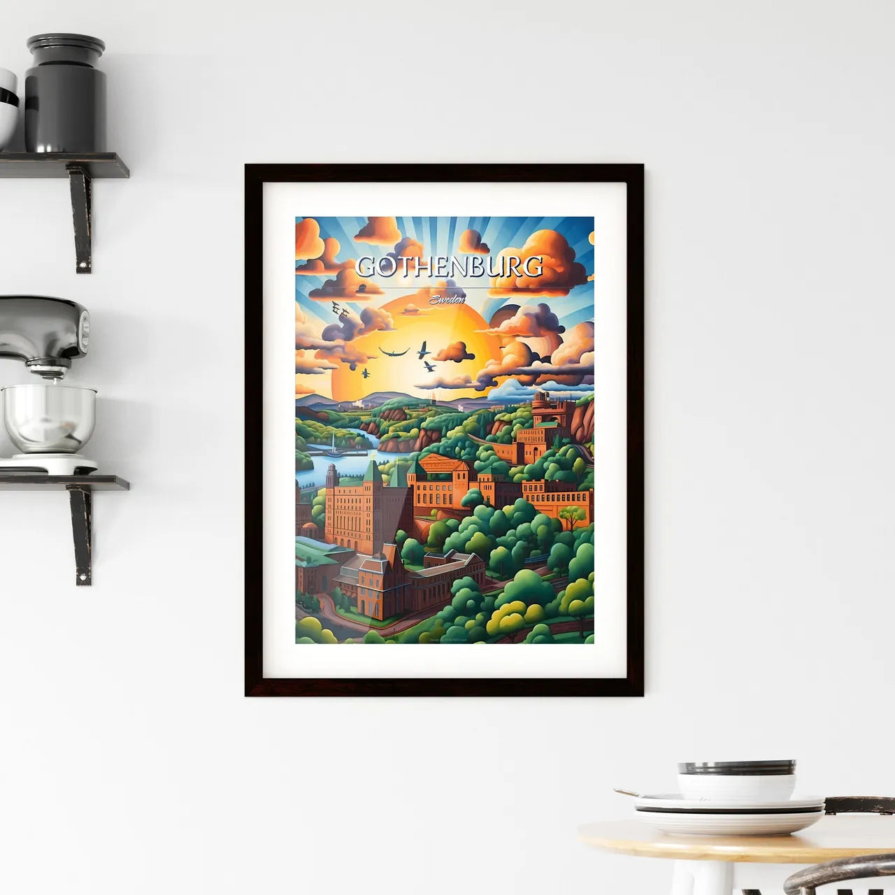 Gothenburg, Sweden, - Art print of a painting of a city with trees and a river Custom Print