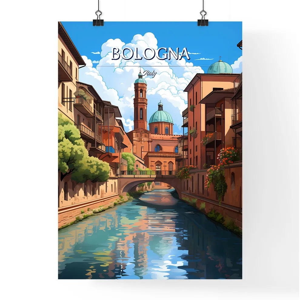 Bologna, Italy - Art print of a river with a bridge over a building Poster