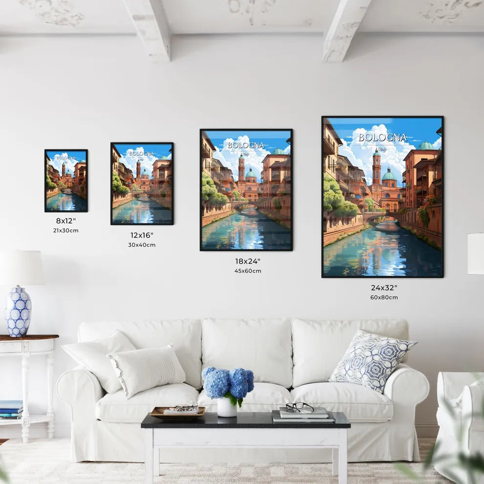 Bologna, Italy - Art print of a river with a bridge over a building Size Chart