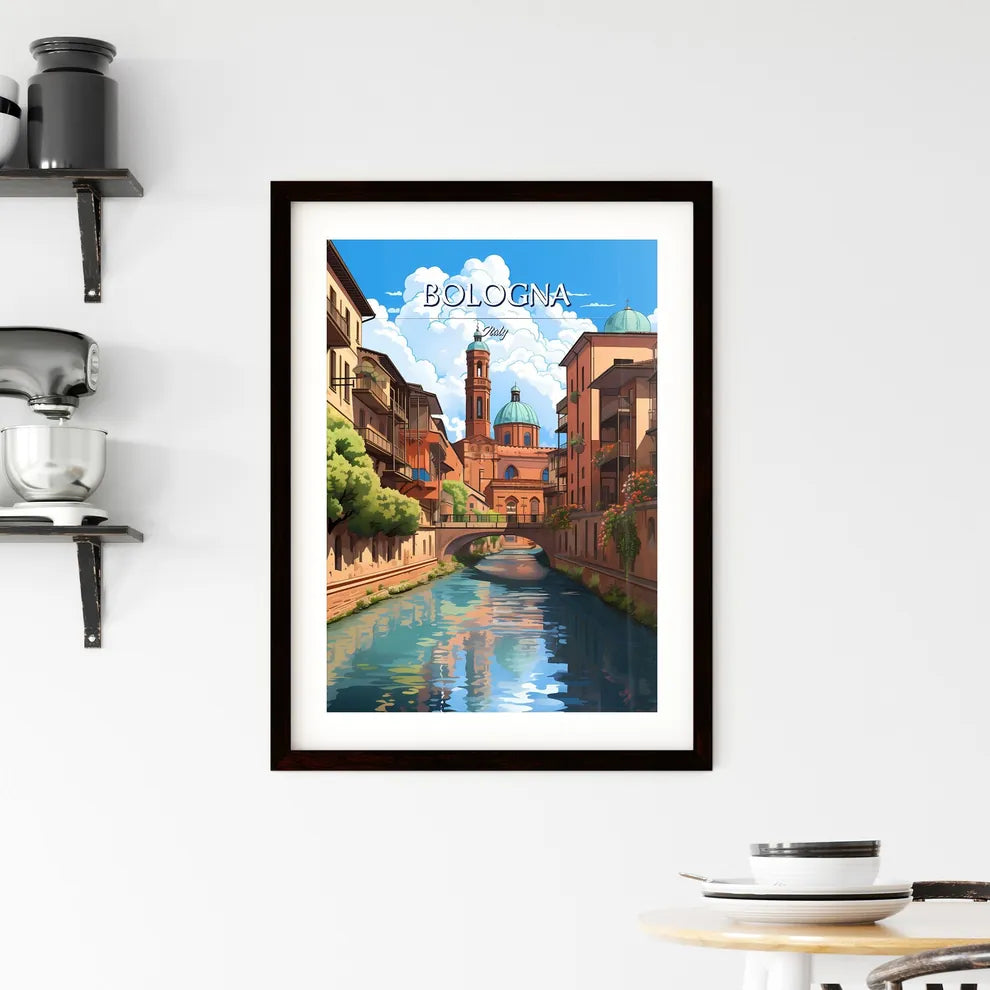 Bologna, Italy - Art print of a river with a bridge over a building Custom Print