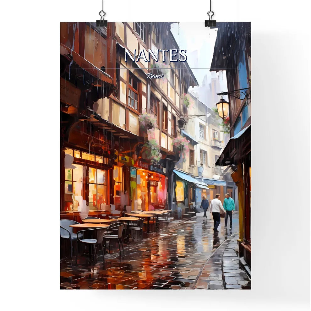 Nantes, France - Art print of a rainy street with tables and chairs Poster
