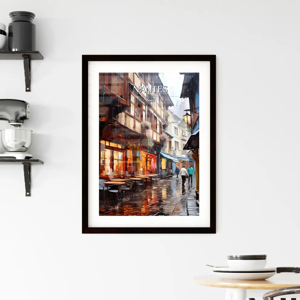 Nantes, France - Art print of a rainy street with tables and chairs Custom Print
