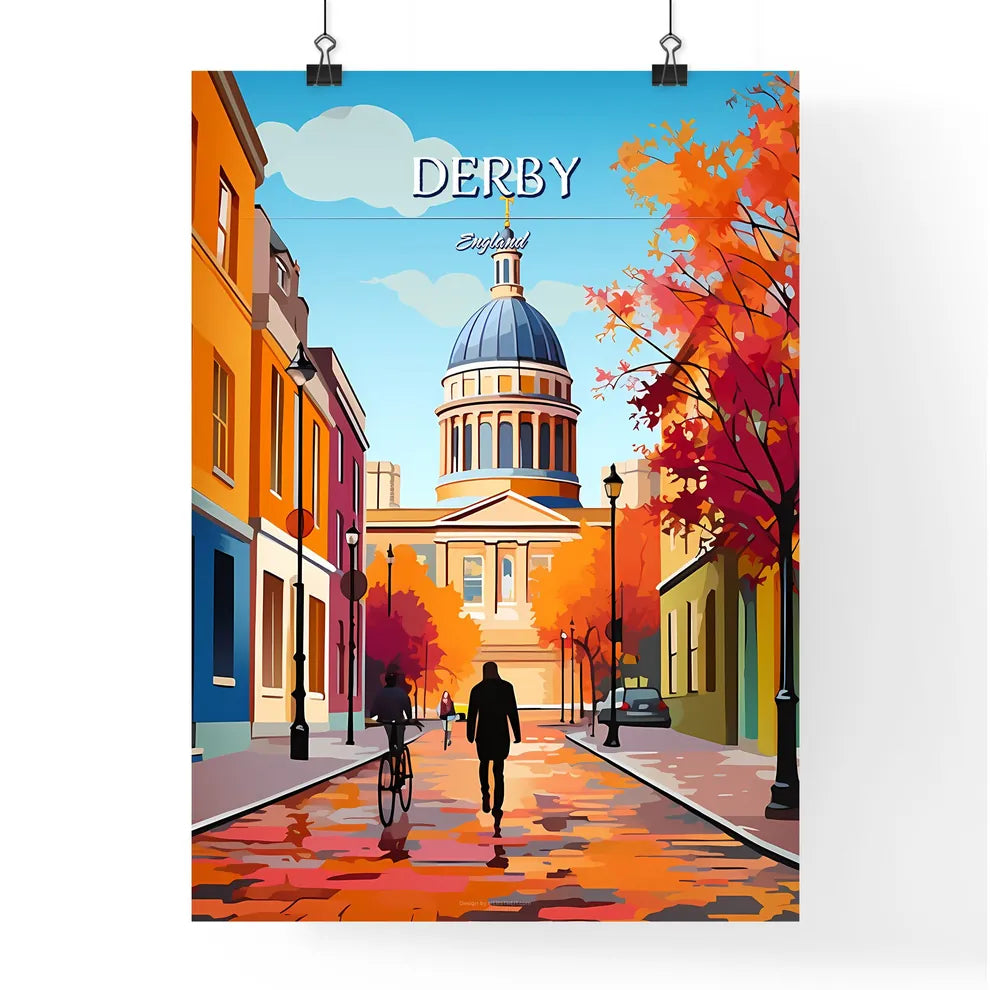 Derby, England - Art print of a person walking on a sidewalk with a dome and a building Poster