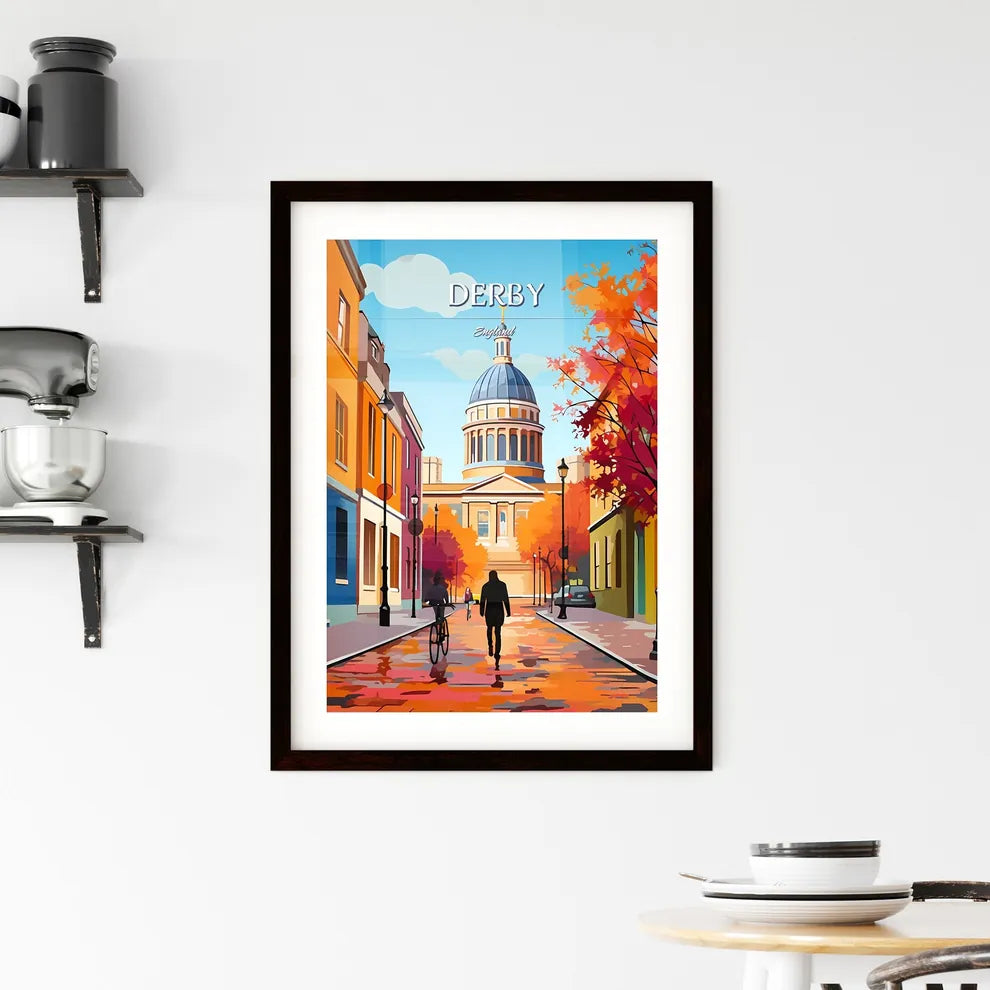 Derby, England - Art print of a person walking on a sidewalk with a dome and a building Custom Print