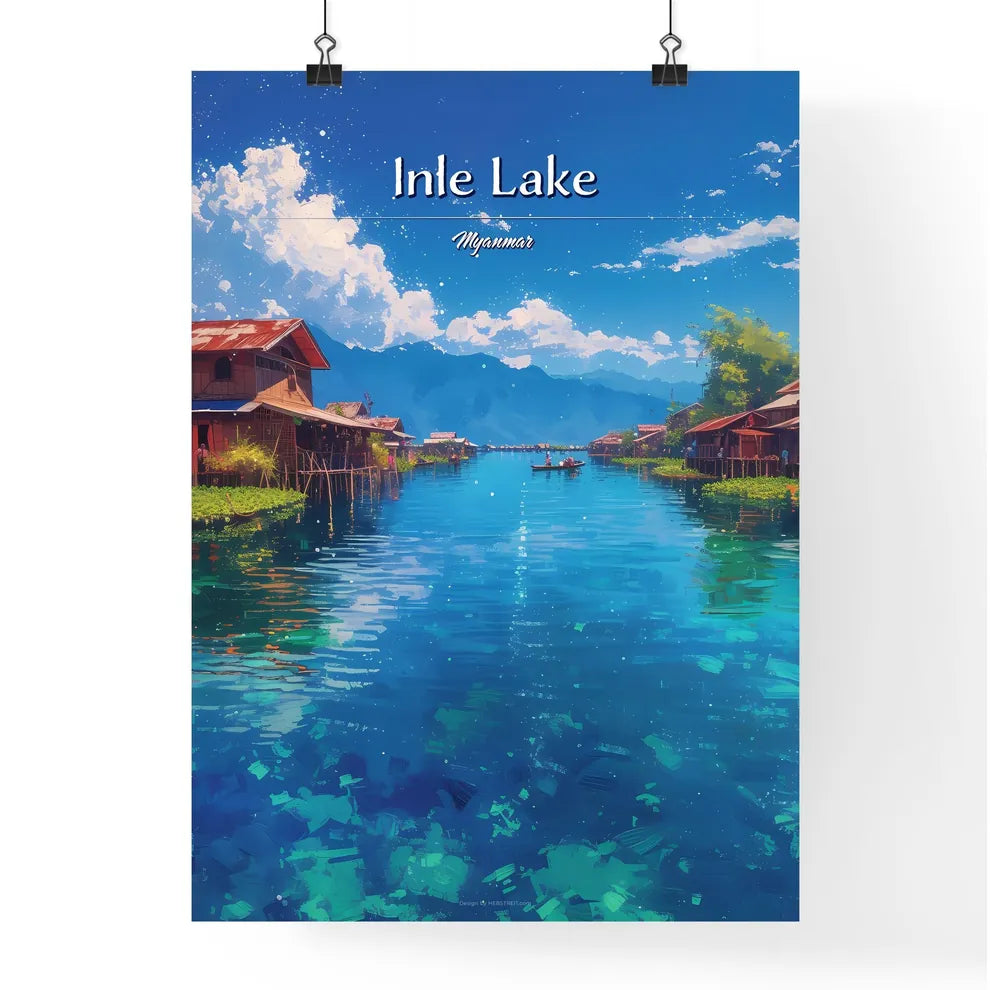 Inle Lake, Myanmar - Art print of a water way with houses and a boat Poster