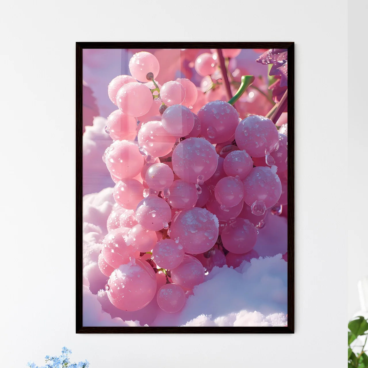 A bunch of purple grapes covered in snow - A - Framed Art Print