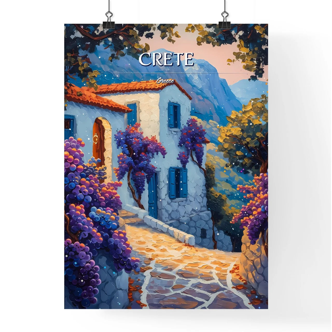 Crete, Greece - Art print of a painting of a house with purple flowers Poster