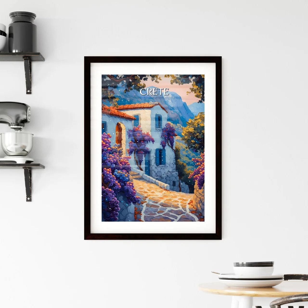 Crete, Greece - Art print of a painting of a house with purple flowers Custom Print