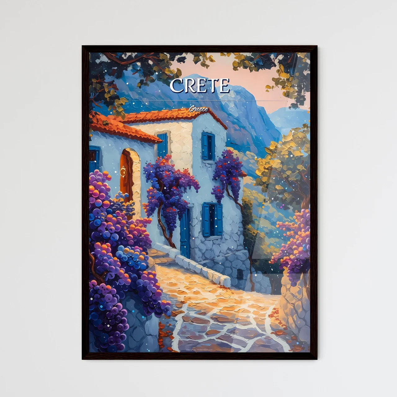 Crete, Greece - Art print of a painting of a house with purple flowers Framed Art