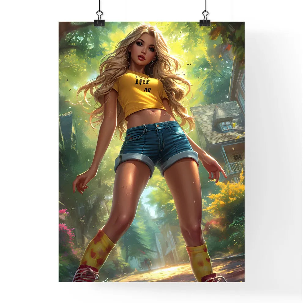 Surprised woman with beautiful legs taking p Poster