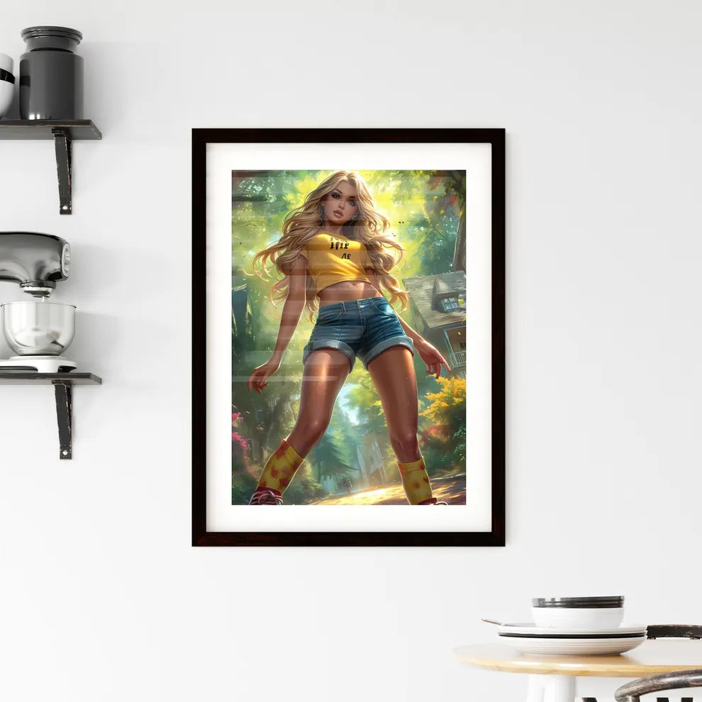 Surprised woman with beautiful legs taking p Framed Print
