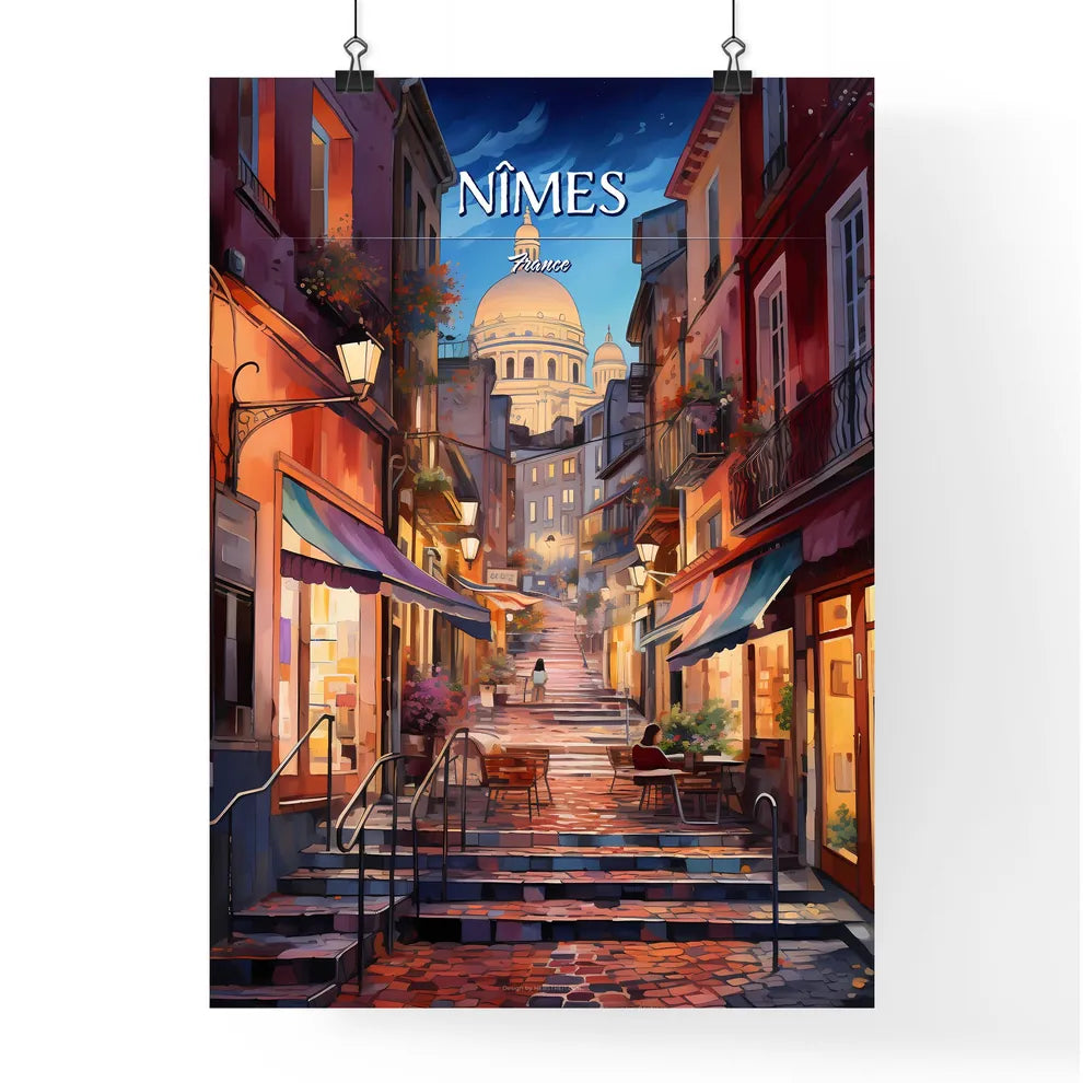 Nîmes, France - Art print of a street with stairs and buildings Poster