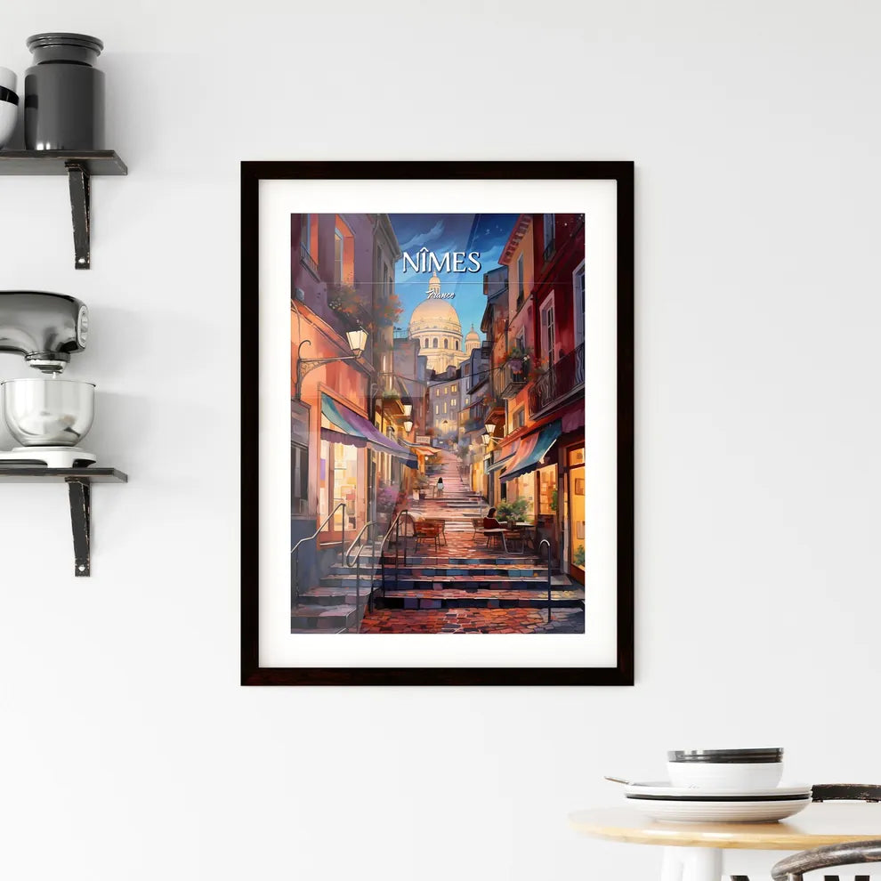 Nîmes, France - Art print of a street with stairs and buildings Custom Print