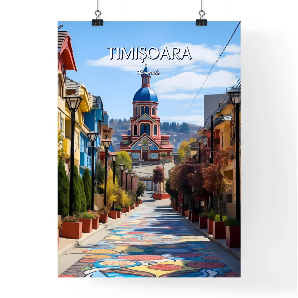 Timișoara, Romania - Art print of a colorful street with a church and trees Poster