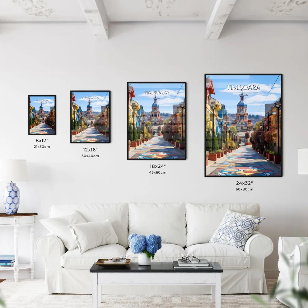 Timișoara, Romania - Art print of a colorful street with a church and trees Size Chart