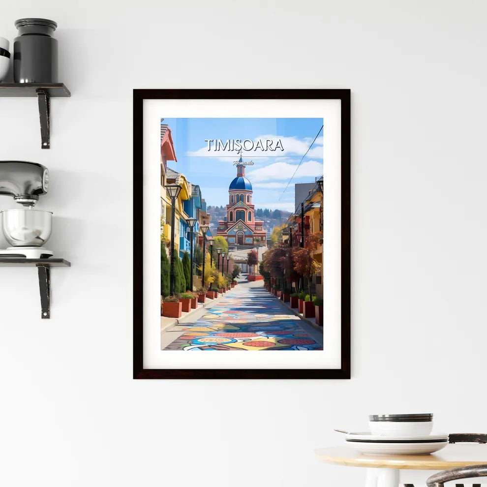 Timișoara, Romania - Art print of a colorful street with a church and trees Custom Print