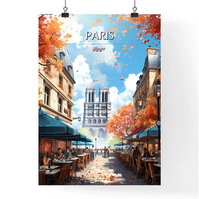 Paris, France - Art print of a street with tables and umbrellas and people sitting at tables