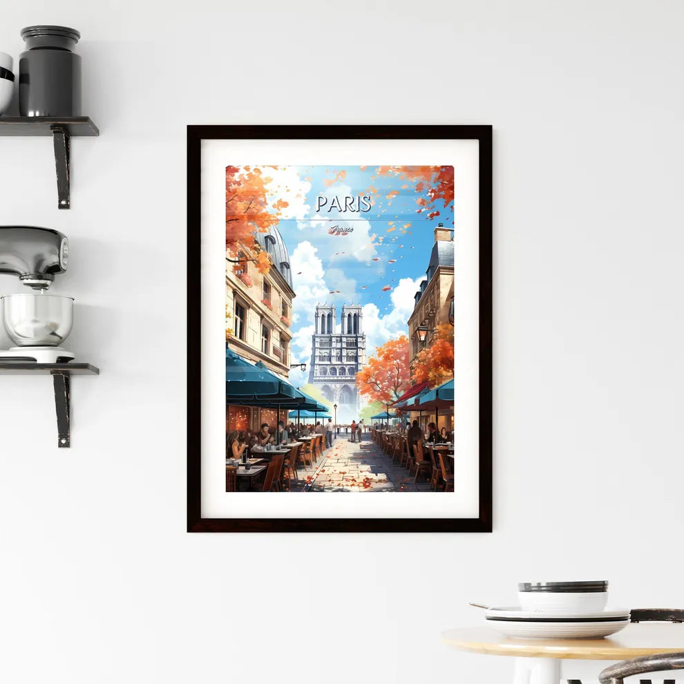 Paris, France - Art print of a street with tables and umbrellas and people sitting at tables Custom Print
