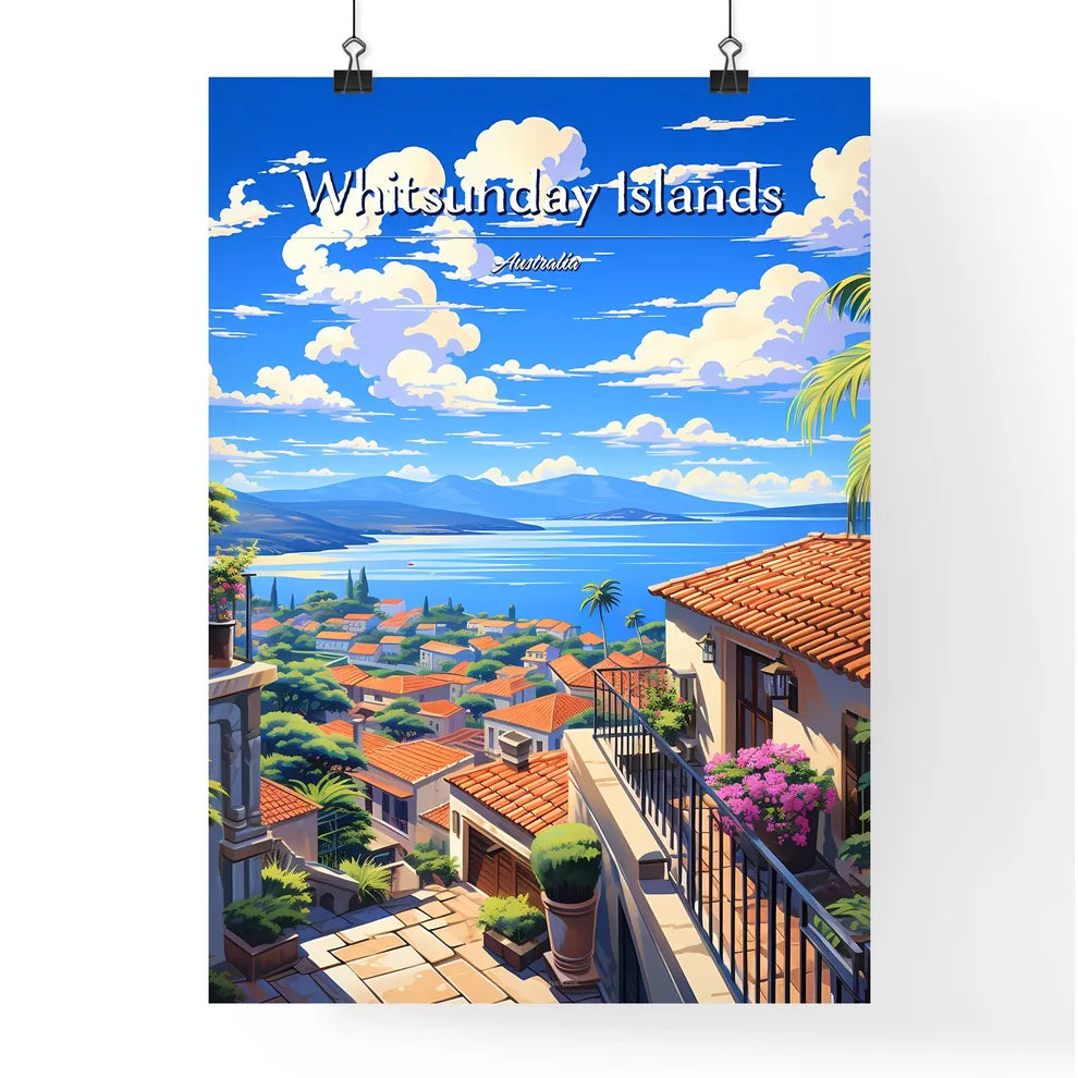 On the roofs of Whitsunday Islands, Australia - Art print of a view of a town from a hill overlooking a body of water Poster