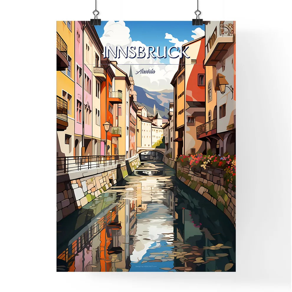 Innsbruck, Austria - Art print of a water channel with buildings and a bridge Poster
