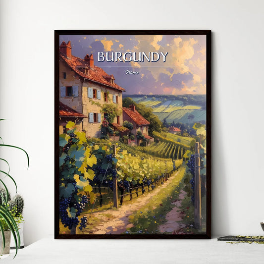Burgundy, France - Art print of a painting of a house with a vineyard Framed Art