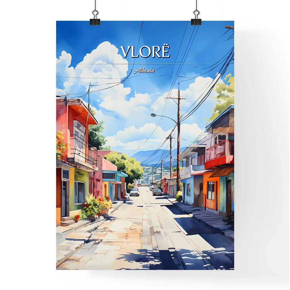 Vlorë, Albania - Art print of a street with colorful buildings and telephone poles Poster