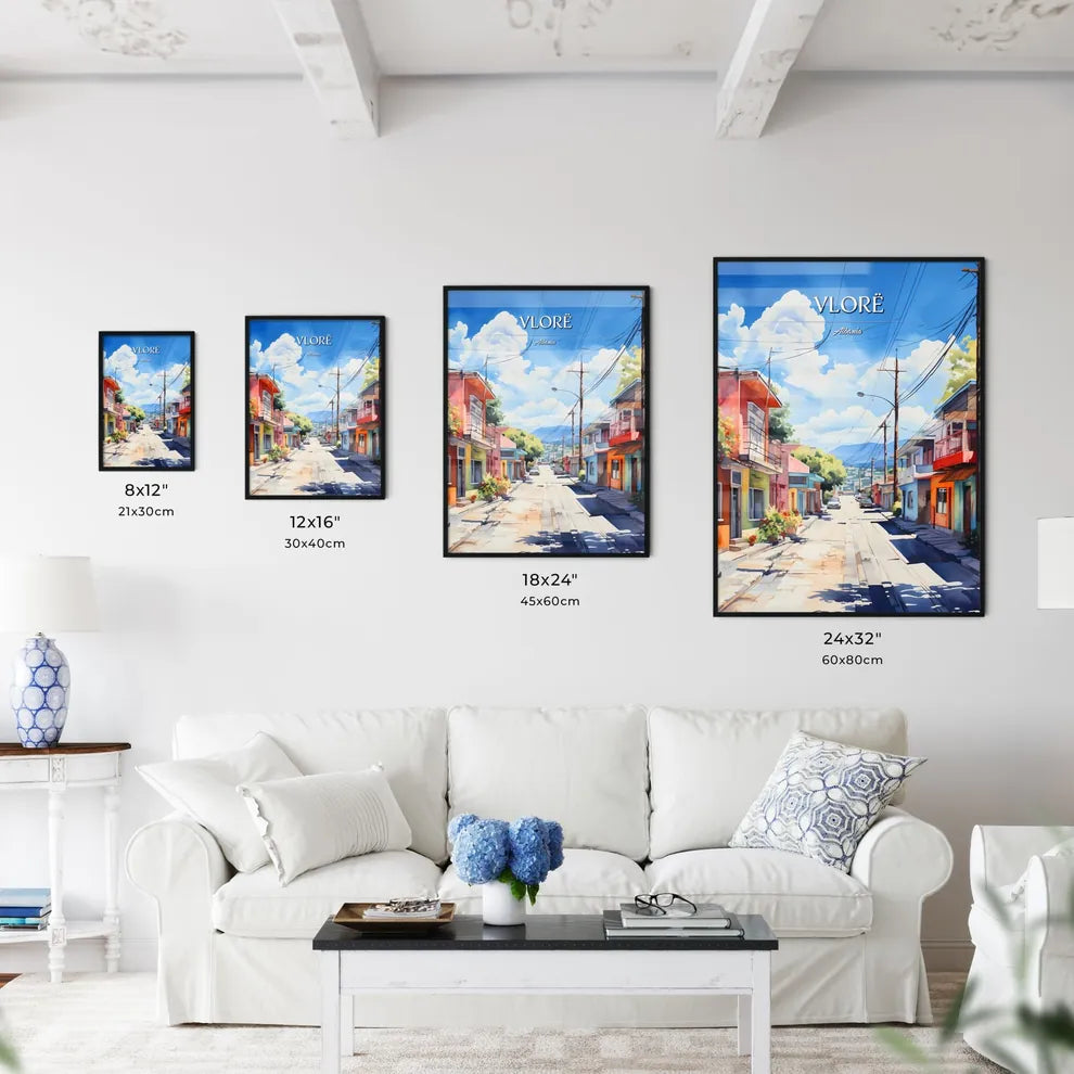 Vlorë, Albania - Art print of a street with colorful buildings and telephone poles Size Chart