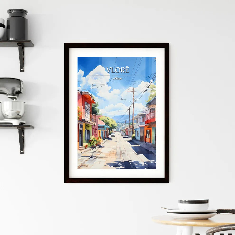 Vlorë, Albania - Art print of a street with colorful buildings and telephone poles Custom Print