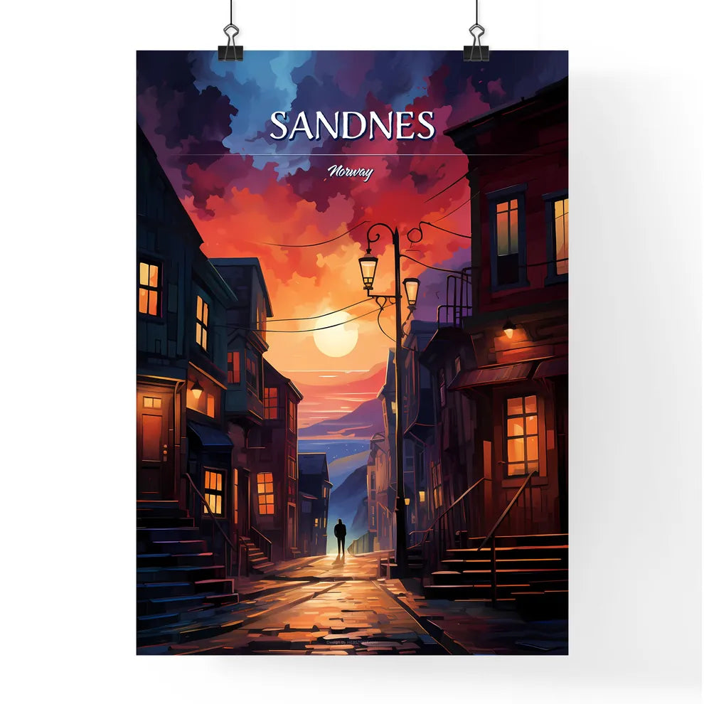 Sandnes, Norway - Art print of a person walking down a street with buildings and a sunset Poster