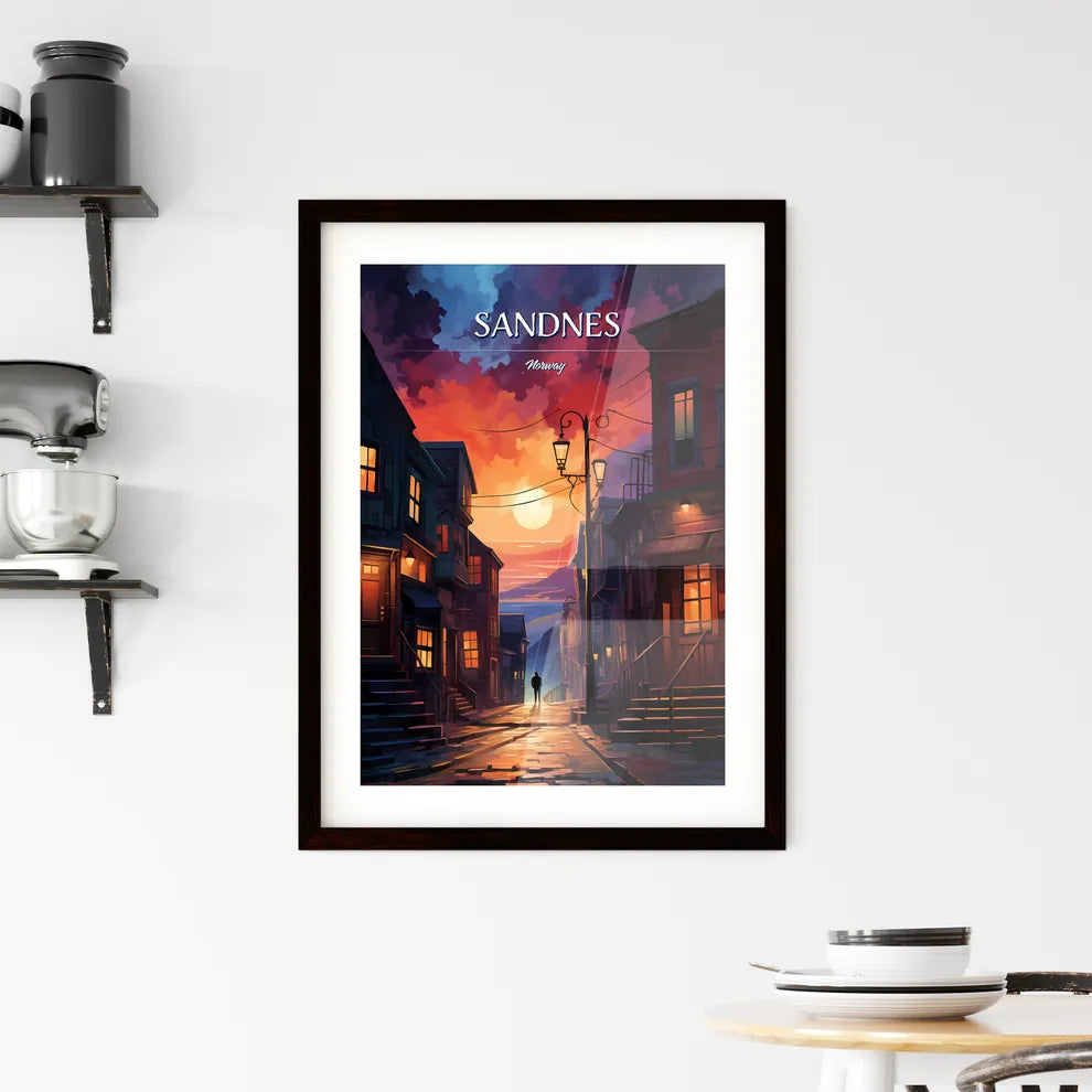 Sandnes, Norway - Art print of a person walking down a street with buildings and a sunset Custom Print