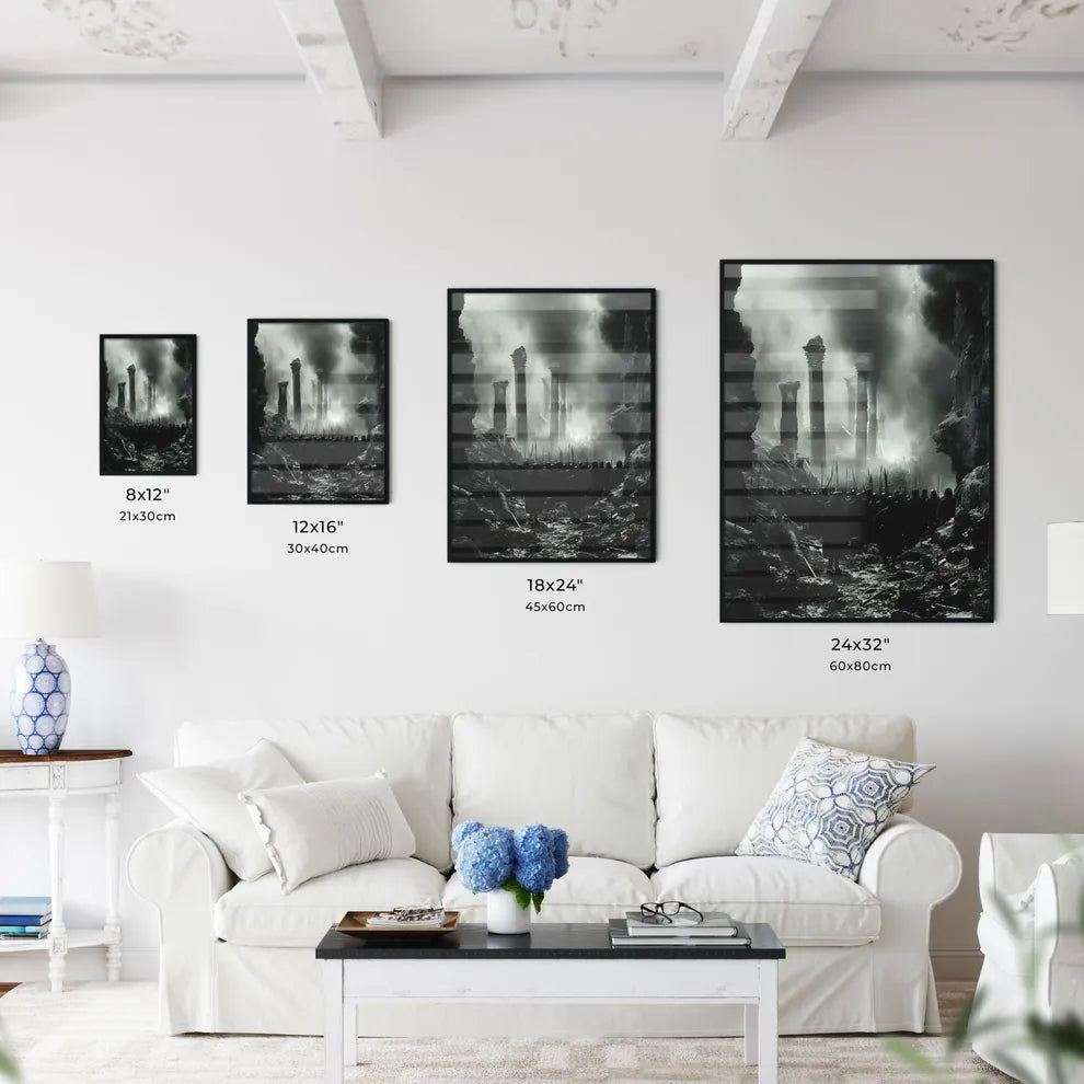 Ancient Israelites at the old ancient prehistoric temple of Solomon - Art print of a group of people in a cave Size Chart