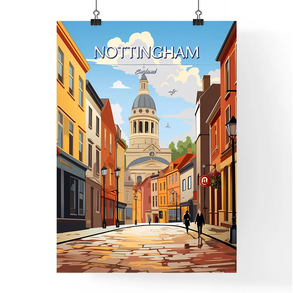 Nottingham, England - Art print of a street with buildings and a dome on the top Poster