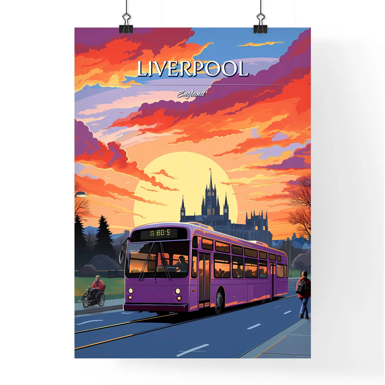 Liverpool, England - Art print of a purple bus on the road Poster