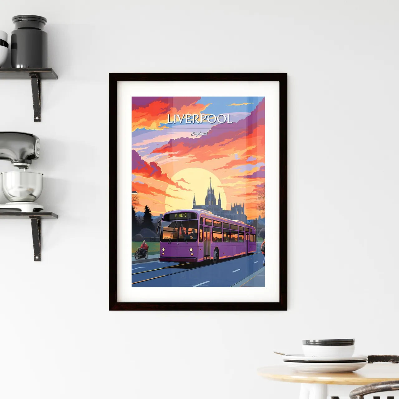 Liverpool, England - Art print of a purple bus on the road Custom Print