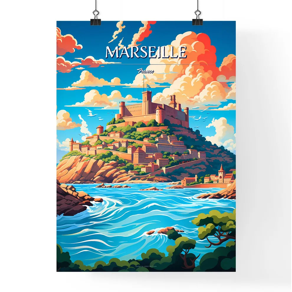 Marseille, France - Art print of a castle on a hill with water and trees Poster