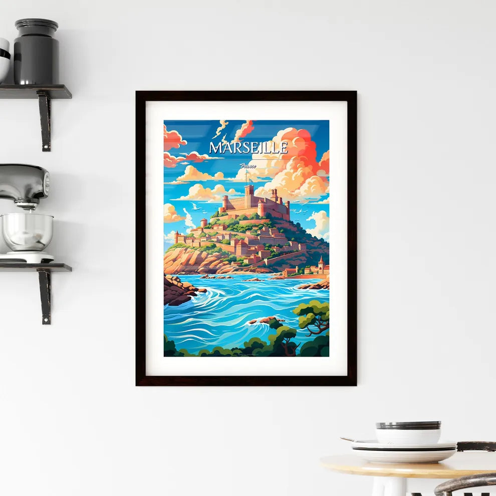 Marseille, France - Art print of a castle on a hill with water and trees Custom Print
