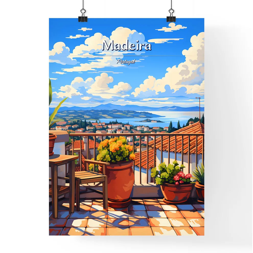 On the roofs of Madeira, Portugal - Art print of a balcony with a view of a city and mountains Poster