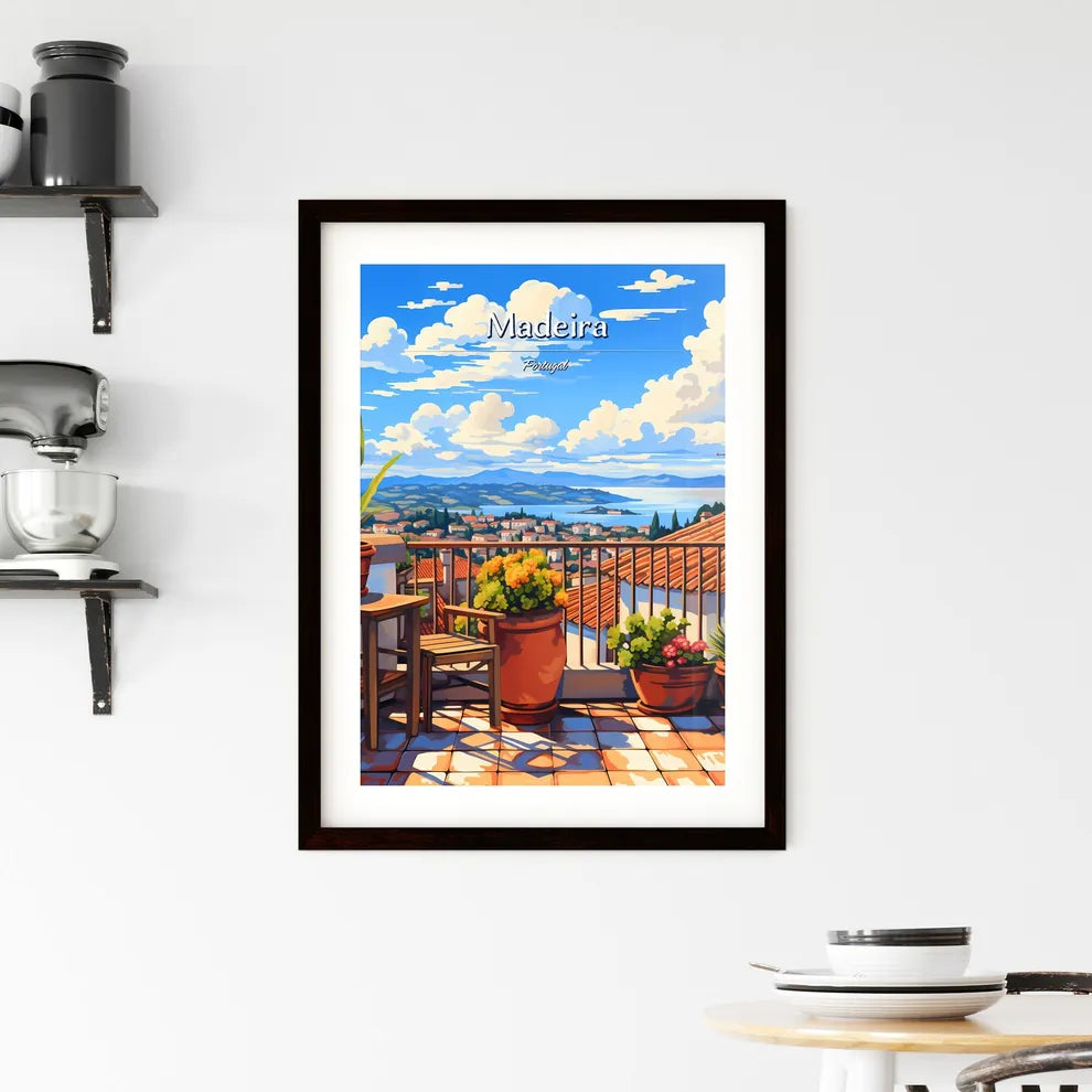 On the roofs of Madeira, Portugal - Art print of a balcony with a view of a city and mountains Custom Print