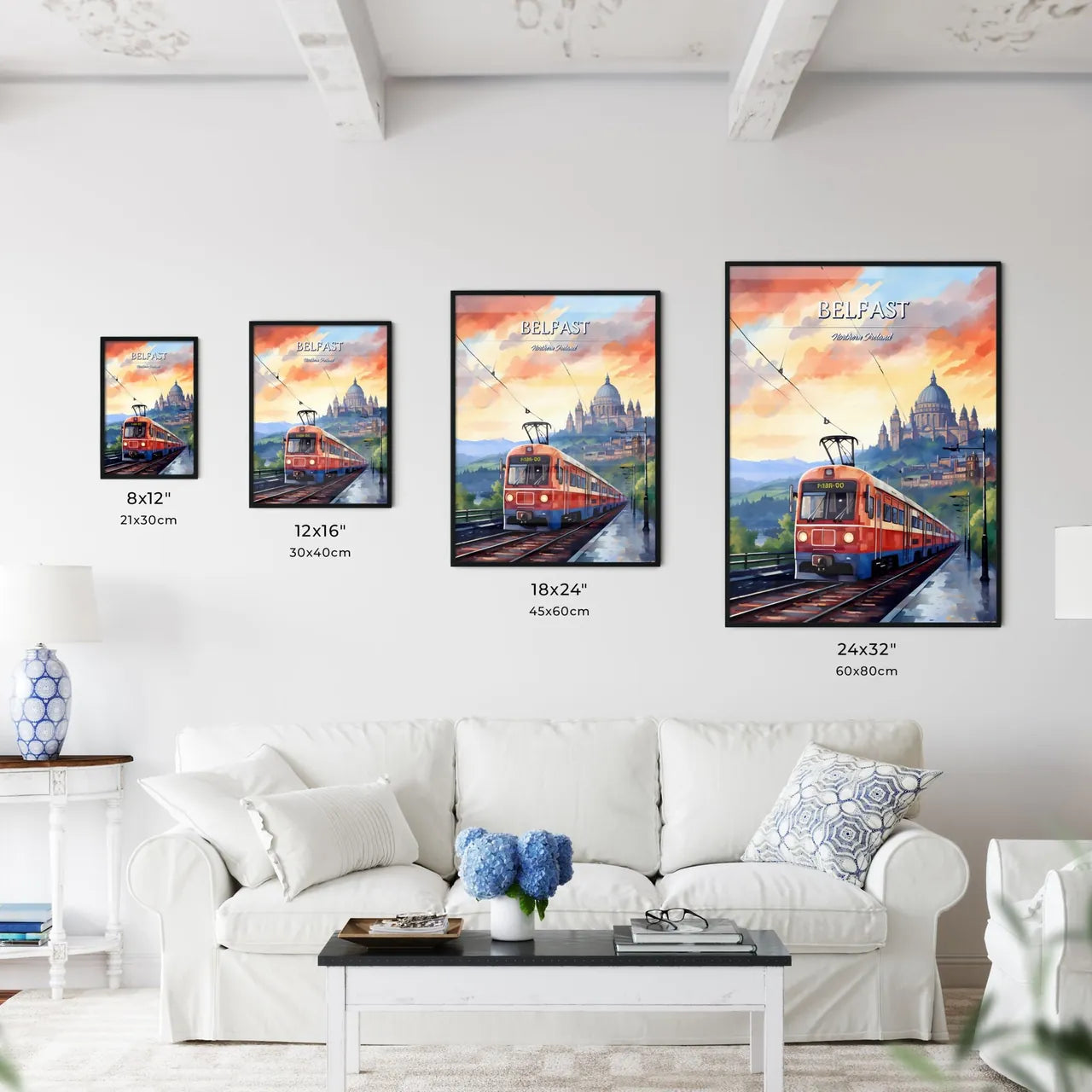 Belfast, Northern Ireland - Art print of a train on the tracks Size Chart