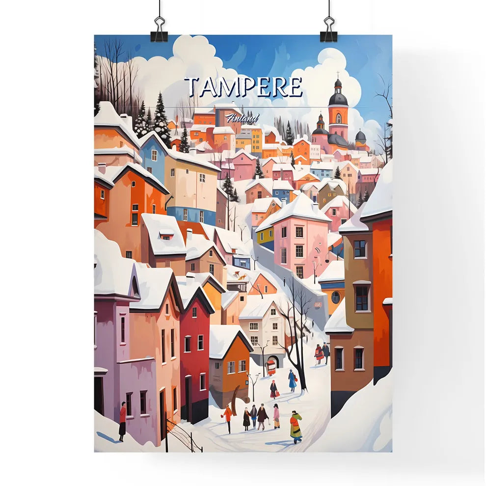 Tampere, Finland - Art print of a colorful town with snow on the ground Poster