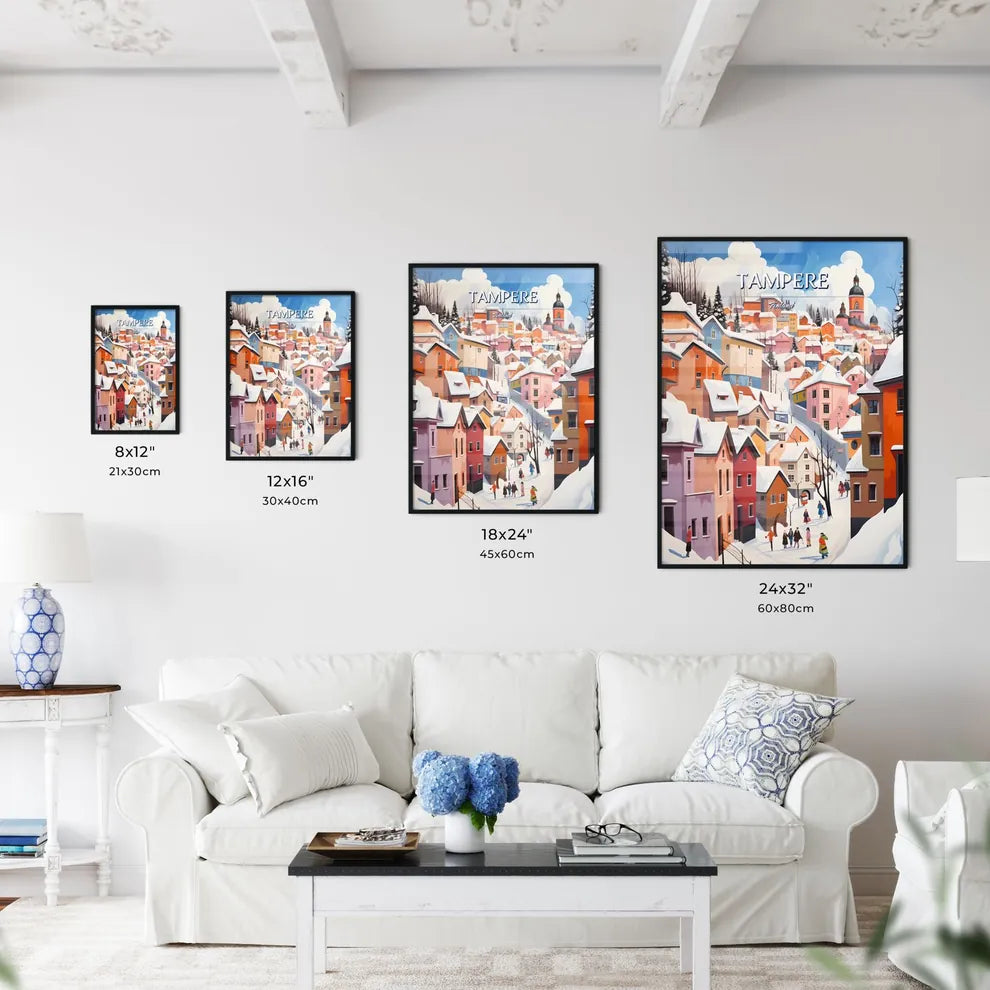 Tampere, Finland - Art print of a colorful town with snow on the ground Size Chart