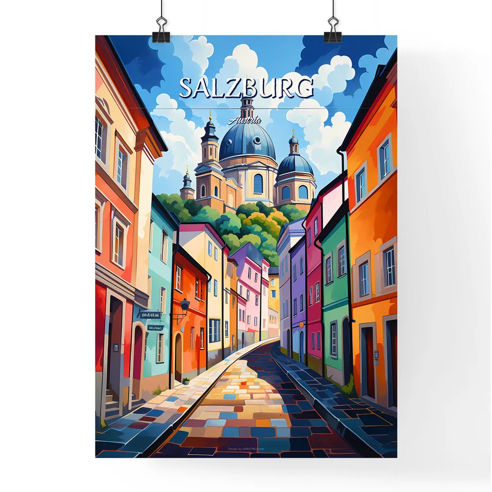 Salzburg, Austria - Art print of a colorful city street with a building on top Poster