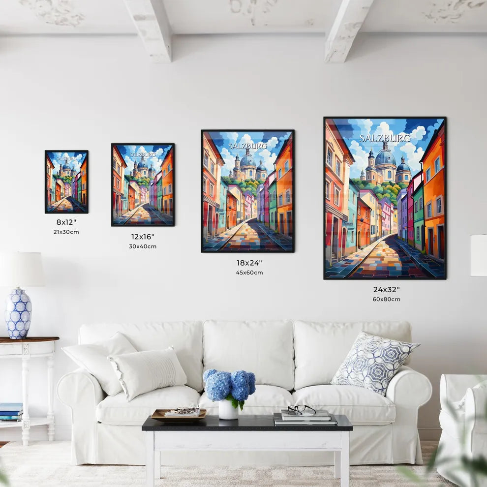 Salzburg, Austria - Art print of a colorful city street with a building on top Size Chart